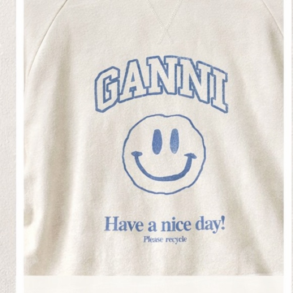 Ganni Cream Crewneck Sweater with Blue Smiley Graphic - Picture 2 of 5